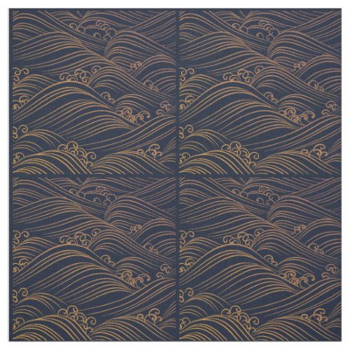 Japanese Waves Pattern Navy Blue and Gold Brown Fabric