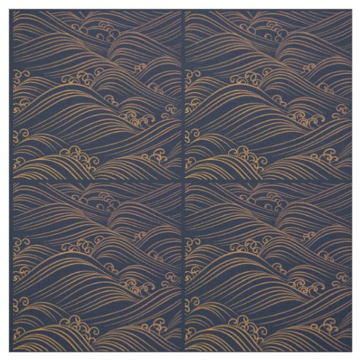 Japanese Waves Pattern Navy Blue and Gold Brown Fabric