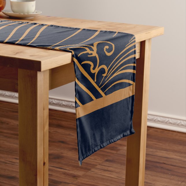 Japanese Waves Pattern Navy Blue and Gold Brown Medium Table Runner (In Situ)