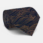 Japanese Waves Pattern Navy Blue And Gold Brown Neck Tie at Zazzle