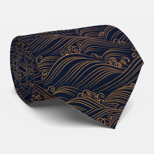 Japanese Waves Pattern Navy Blue and Gold Brown Neck Tie