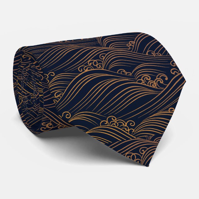 Japanese Waves Pattern Navy Blue and Gold Brown Neck Tie (Rolled)