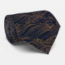 Japanese Waves Pattern Navy Blue and Gold Brown Neck Tie