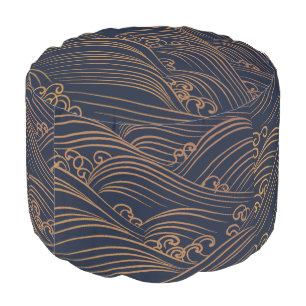 Japanese Waves Pattern Navy Blue and Gold Brown Pouf