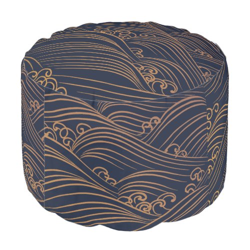 Japanese Waves Pattern Navy Blue and Gold Brown Pouf