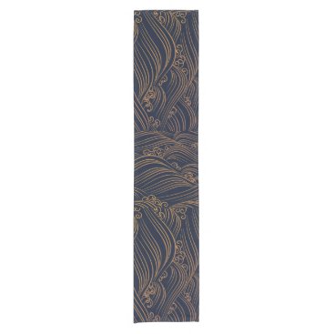 Japanese Waves Pattern Navy Blue and Gold Brown Short Table Runner