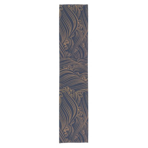 Japanese Waves Pattern Navy Blue and Gold Brown Short Table Runner