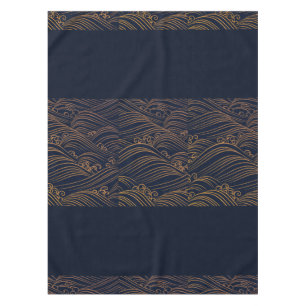 Japanese Waves Pattern Navy Blue and Gold Brown Tablecloth