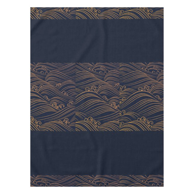 Japanese Waves Pattern Navy Blue and Gold Brown Tablecloth (Front)