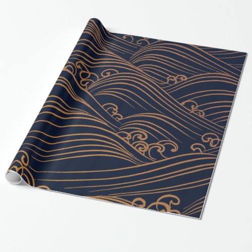 Japanese Waves Pattern Navy Blue and Gold Brown Wrapping Paper