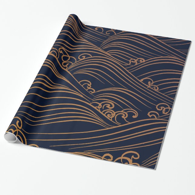 Japanese Waves Pattern Navy Blue and Gold Brown Wrapping Paper (Unrolled)