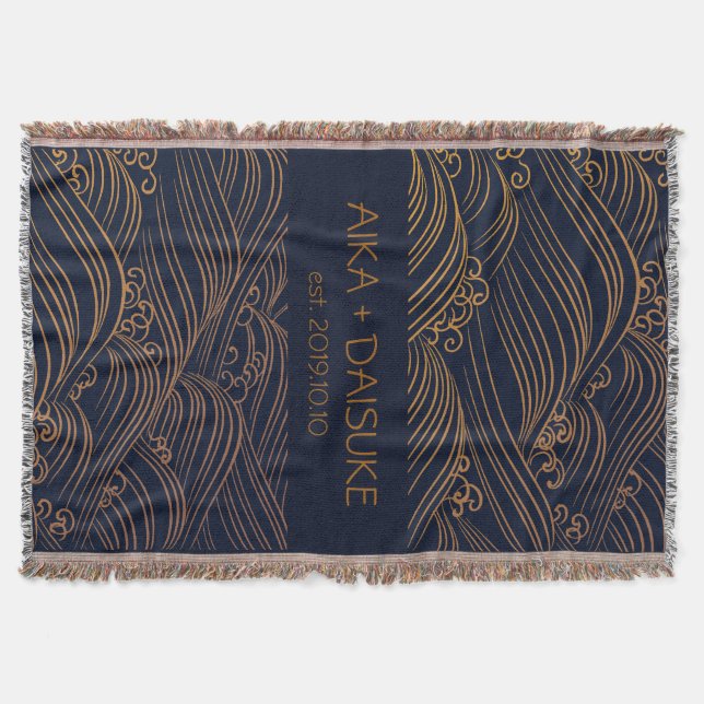 Japanese Waves Pattern Personalized Wedding Gift Throw Blanket (Front)