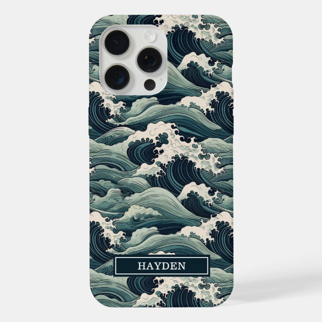 Japanese Waves Print Monogrammed iPhone Case (Back)