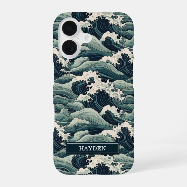 Japanese Waves Print Monogrammed iPhone Case (Back)