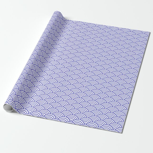 Japanese Waves, Royal Blue on White Wrapping Paper (Unrolled)