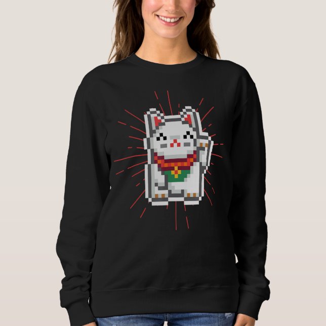 Japanese Waving Arm Lucky Cat Pixels Aesthetic 1 Sweatshirt (Front)