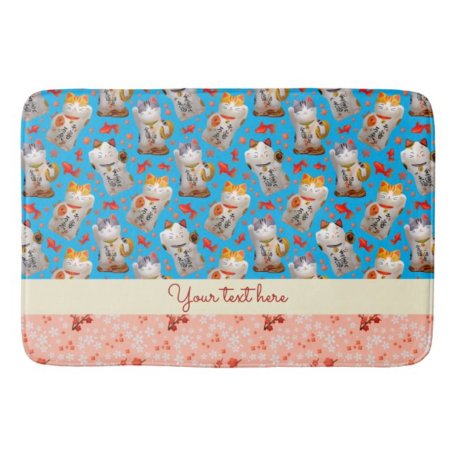 Japanese Waving Lucky Cat with Koi in Blue Bath Mat (Front)