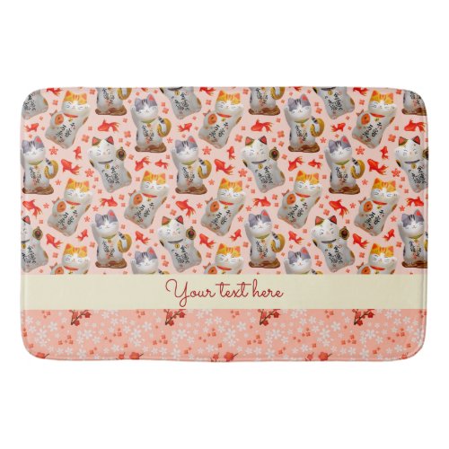Japanese Waving Lucky Cat with Koi in Pink Bath Mat