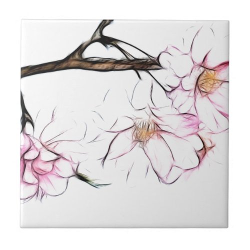 Japanese Weeping Cherry Blossom Fractal Art Ceramic Tile