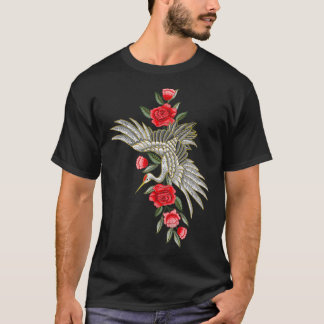 Japanese White Crane T  Vintage Embroidery Look T-Shirt