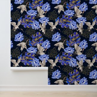 Japanese White Cranes Blue Gold Chrysanthemum