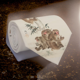 Japanese Wild Monkeys in Nature Beige Neck Tie
