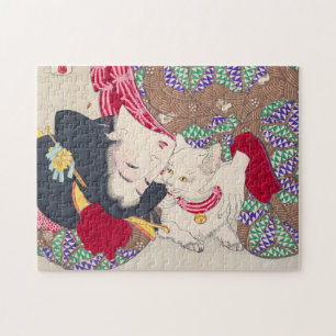 Japanese woman and cat art - Taiso Yoshitoshi - Jigsaw Puzzle