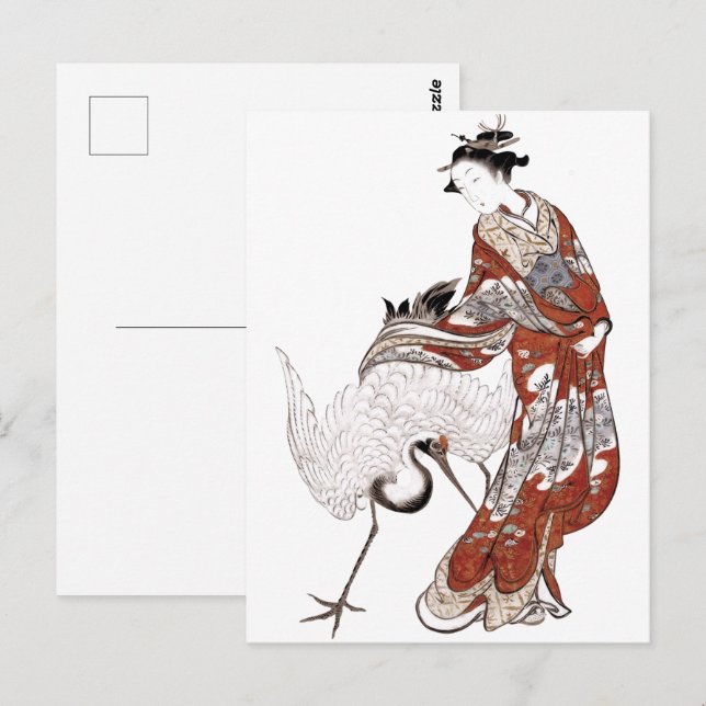 Japanese woman and crane (18th century) postcard (Front/Back)