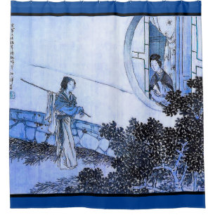 Japanese woman at a moongate window vintage art shower curtain