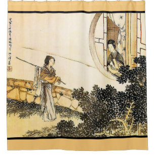 Japanese woman at a window vintage sepia art shower curtain