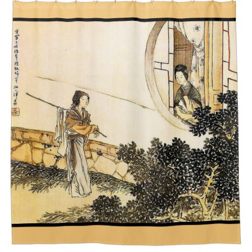 Japanese woman at a window vintage sepia art shower curtain