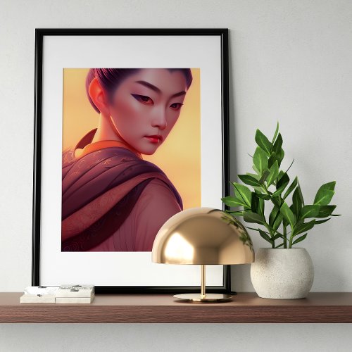 Japanese Woman at Sunset Fantasy AI Art Poster