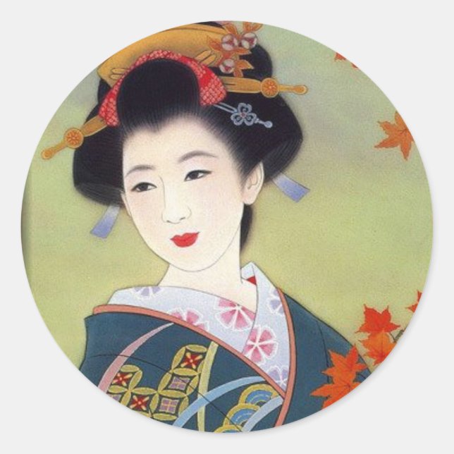 Japanese woman in blue kimono classic round sticker (Front)