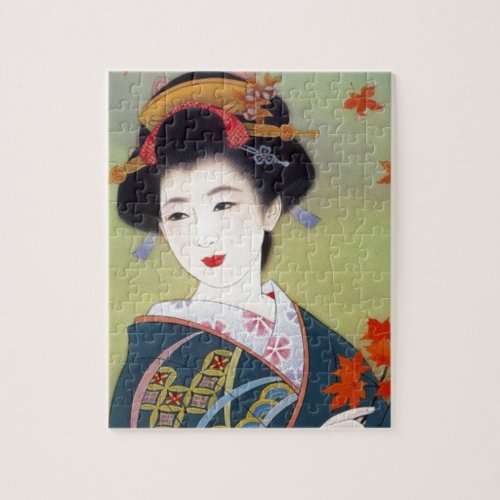 Japanese woman in blue kimono jigsaw puzzle