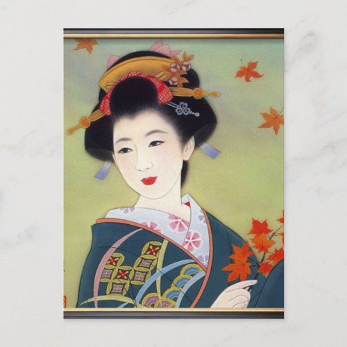 Japanese woman in blue kimono postcard