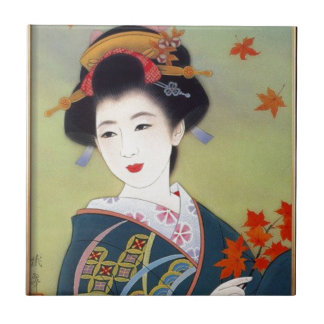 Japanese woman in blue kimono tile