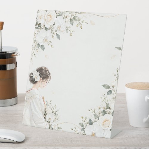 Japanese woman in white wedding kimono on wedding  pedestal sign