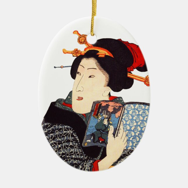 Japanese Woman Reading 2 Ceramic Ornament (Front)