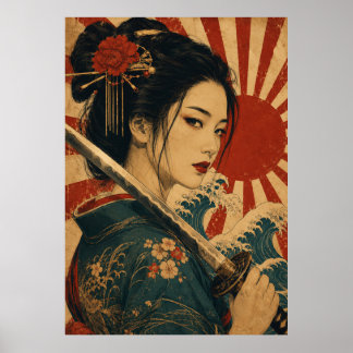 Japanese Woman Red Sun Portrait Poster 