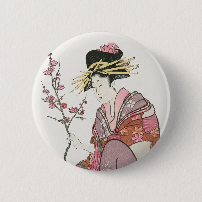Japanese woman vintage Painting art woodblock prin Button (Front)