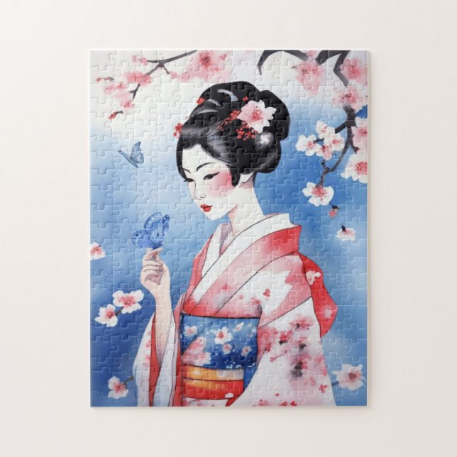 Japanese Woman with a Blue Butterfly Jigsaw Puzzle (Vertical)