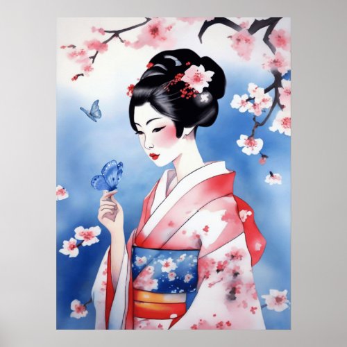 Japanese Woman with a Blue Butterfly Poster