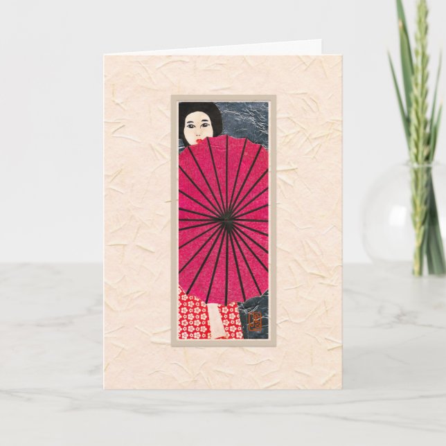 Japanese Woman with Parasol Happy O-bon Card (Front)