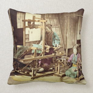 Japanese women weaving, c.1890 (hand-coloured phot throw pillow
