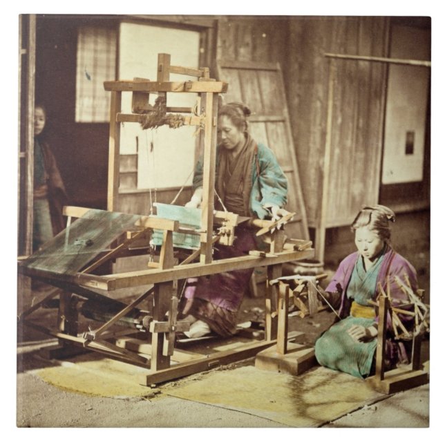 Japanese women weaving, c.1890 (hand-coloured phot tile (Front)