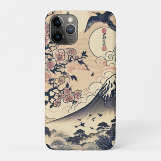 Japanese Woodblock Cherry Blossom Crane Mount Fuji iPhone 11 Pro Case