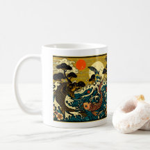 Japanese Woodblock Golden Carp Peony Waves Art