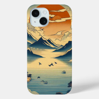 Japanese Woodblock Mountain Sunset Temple Lake Art iPhone 15 Case