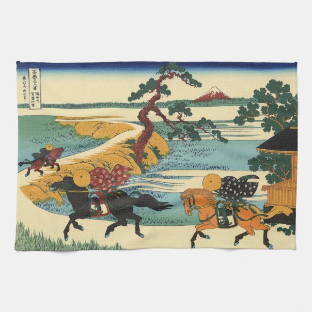 Japanese Woodblock Print Samurai Horse Chase Kitchen Towel (Horizontal)