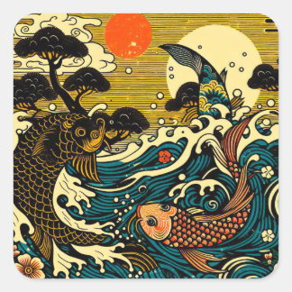 Japanese Woodblock Two Koi Fish Pine Tree Sun Art Square Sticker